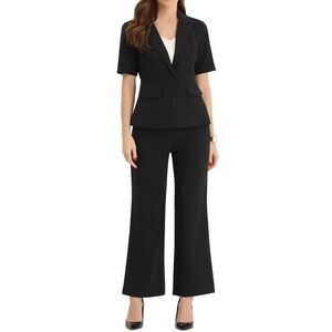 Short Sleeve Blazer Jackets Wide Leg Pants Business Casual 2 Piece Outfits Black